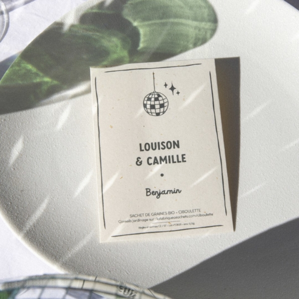 Sachet marque place mariage disco blanc moucheté